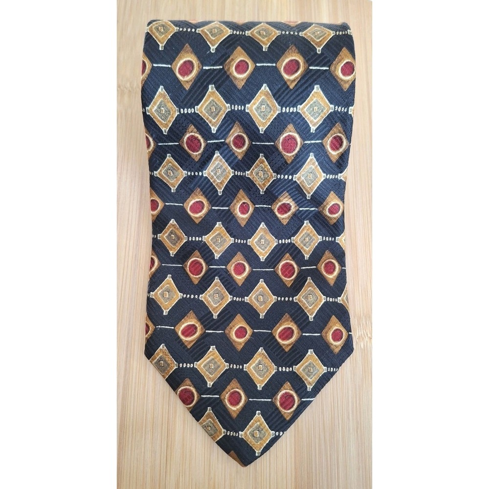 Robert Talbott Studio Tie Black Gold Burgandy Geo Silk Woven 58 x 4 in